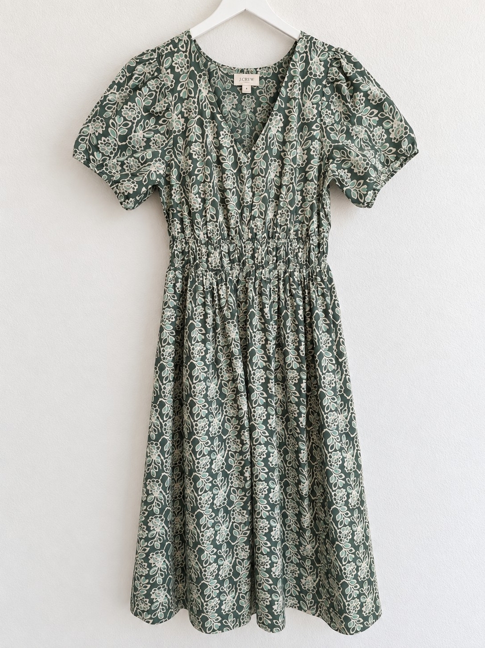 J. Crew Forest Green Floral V-Neck Shirred-Waist Dress